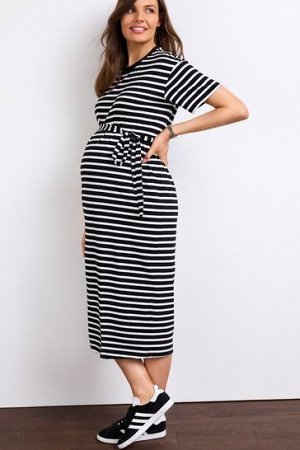 Трикотажное платье-миди с короткими рукавами для беременных в черно-белую полоску
