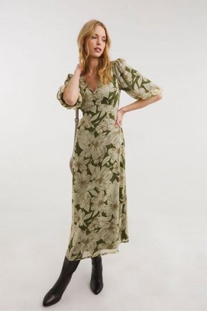 JD Williams Повседневное шифоновое платье с фисташковым цветочным принтом и пышными рукавами и открытой спиной