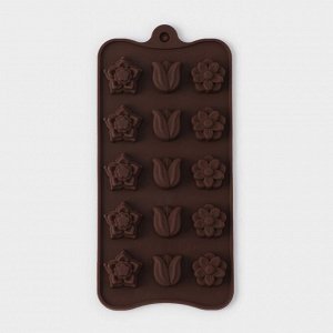 Форма для шоколада Доляна «Поляна», силикон, 20,5x10,5x1,5 см, 15 ячеек (2,3x2,3 см), цвет коричневый