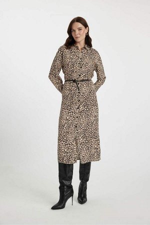 Платье миди с длинными рукавами и леопардовым узором
