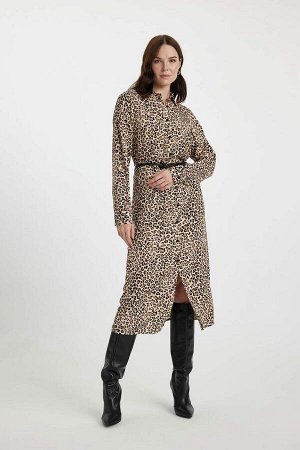 Платье миди с длинными рукавами и леопардовым узором
