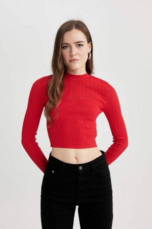 Укороченный красный свитер с полуводолазкой