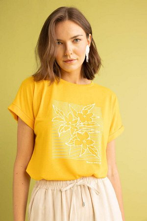 DEFACTO Традиционная футболка с коротким рукавом с круглым вырезом и цветочным принтом