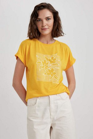 DEFACTO Традиционная футболка с коротким рукавом с круглым вырезом и цветочным принтом