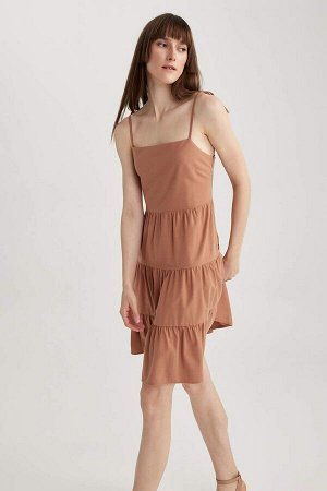 DEFACTO Мини-платье из 100% хлопка с квадратным вырезом и льняным ремешком с оборками
