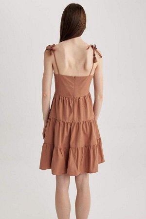 DEFACTO Мини-платье из 100% хлопка с квадратным вырезом и льняным ремешком с оборками