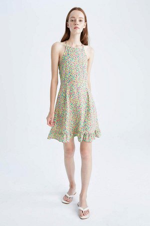 DEFACTO Прохладное мини-платье А-силуэта с цветочным принтом и бретелями