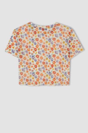Облегающая футболка с коротким рукавом с круглым вырезом и цветочным узором