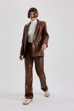 Прямые брюки из искусственной кожи с карманами и высокой талией прямого кроя