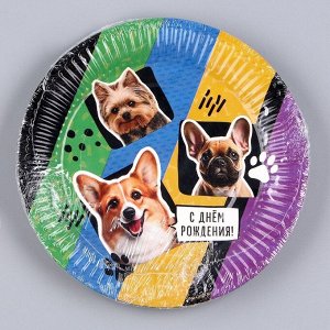 Тарелка одноразовая бумажная "С Днём Рождения",собаки, 18 см