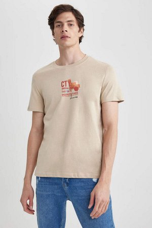 DEFACTO Облегающая футболка из 100 % хлопка с короткими рукавами и круглым вырезом с принтом