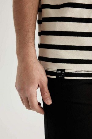 DEFACTO Удобная футболка с круглым вырезом в полоску и короткими рукавами из плотной хлопковой ткани