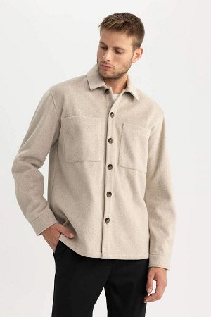Шерстяная куртка-рубашка с длинными рукавами и воротником-поло Relax Fit