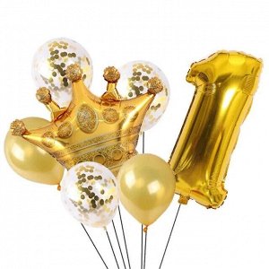 Н-р воздушных шаров цифра 1 фольгир. 32", 5 латекс. 12", корона фольгир. 32", цвет золото