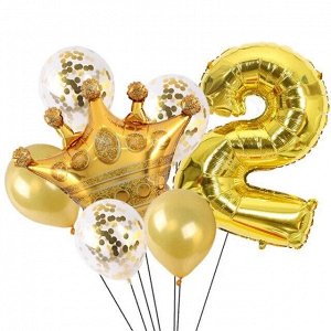 Н-р воздушных шаров цифра 2 фольгир. 32", 5 латекс. 12", корона фольгир. 32", цвет золото