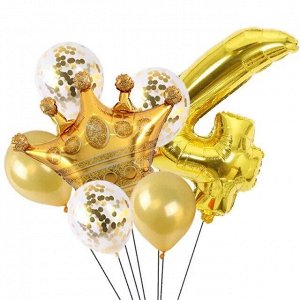 Н-р воздушных шаров цифра 4 фольгир. 32", 5 латекс. 12", корона фольгир. 32", цвет золото