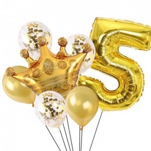 Н-р воздушных шаров цифра 5 фольгир. 32", 5 латекс. 12", корона фольгир. 32", цвет золото