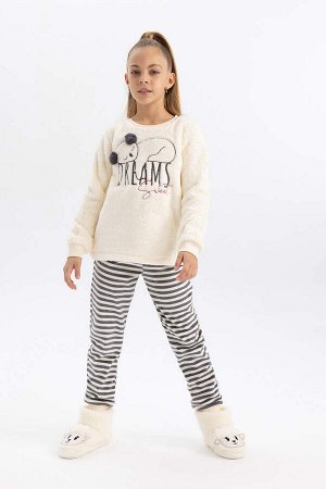 DEFACTO Плюшевый пижамный комплект с длинными рукавами и принтом для девочек