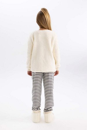 DEFACTO Плюшевый пижамный комплект с длинными рукавами и принтом для девочек