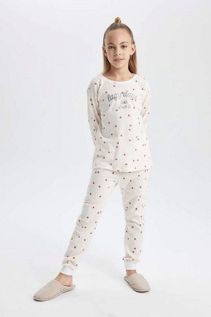 Пижамный комплект из чесаного хлопка с длинными рукавами и рисунком для девочек