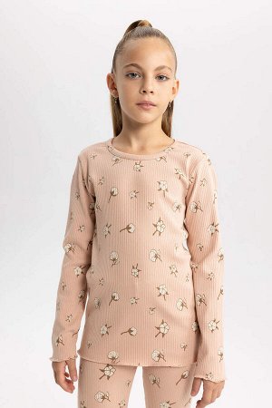 Пижамный комплект с длинными рукавами и узором в рубчик на бретельках для девочек