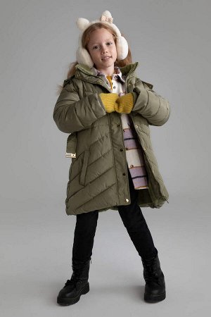 Длинное пальто с капюшоном на подкладке из искусственного меха для девочек