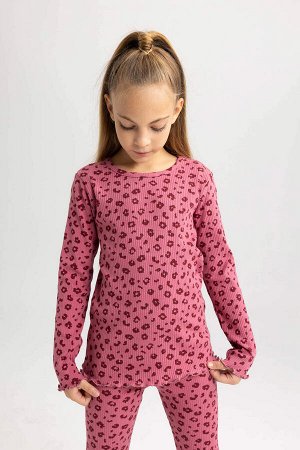 DEFACTO Пижамный комплект на бретельках в рубчик с длинными рукавами и узором для девочек