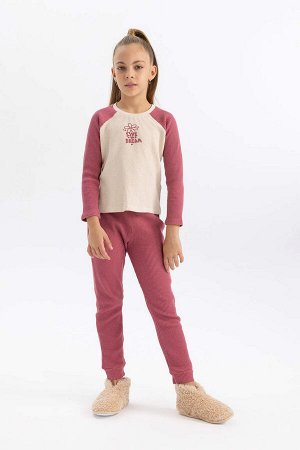 DEFACTO Пижамный комплект с вафельным принтом для девочек и длинными рукавами