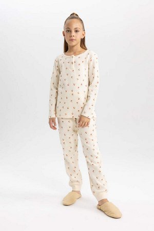 DEFACTO Пижамный комплект с вафельным рисунком и длинными рукавами для девочки