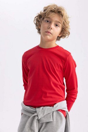 Красная школьная футболка с длинными рукавами из чесаного хлопка с круглым вырезом для мальчиков
