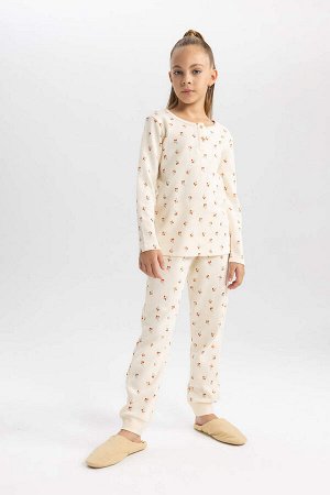 Пижамный комплект с вафельным рисунком и длинными рукавами для девочки