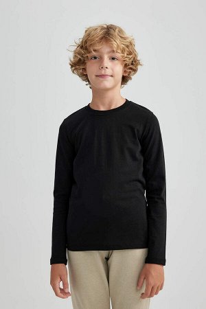 Черная школьная футболка с длинными рукавами из чесаного хлопка с круглым вырезом для мальчика