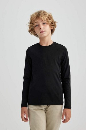 DEFACTO Черная школьная футболка с длинными рукавами из чесаного хлопка с круглым вырезом для мальчика