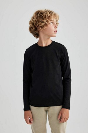 Черная школьная футболка с длинными рукавами из чесаного хлопка с круглым вырезом для мальчика