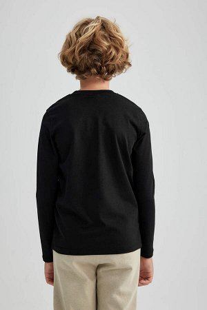 DEFACTO Черная школьная футболка с длинными рукавами из чесаного хлопка с круглым вырезом для мальчика