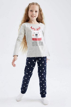 Новогодний пижамный комплект из чесаного хлопка с длинными рукавами для девочек