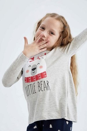 DEFACTO Новогодний пижамный комплект из чесаного хлопка с длинными рукавами для девочек