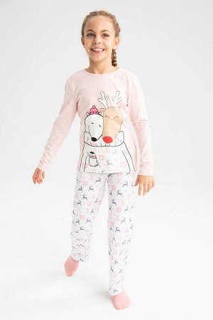DEFACTO Новогодний пижамный комплект из чесаного хлопка с длинными рукавами для девочек