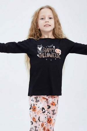 Пижамный комплект из чесаного хлопка с длинными рукавами для девочек на тему Хэллоуина