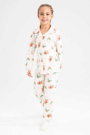 DEFACTO Новогодний пижамный комплект из чесаного хлопка с узором печенья для девочек