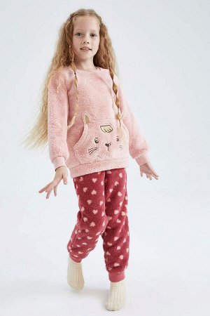 Плюшевый пижамный комплект с длинными рукавами и рисунком для девочки