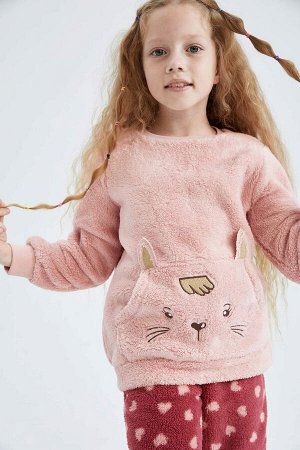 Плюшевый пижамный комплект с длинными рукавами и рисунком для девочки