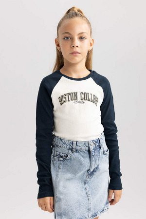 DEFACTO Укороченная футболка с круглым вырезом и длинными рукавами в рубчик для девочек