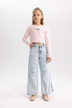 Укороченная футболка с круглым вырезом и длинными рукавами для девочек с принтом