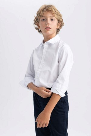 Белая льняная школьная рубашка с длинными рукавами для мальчика