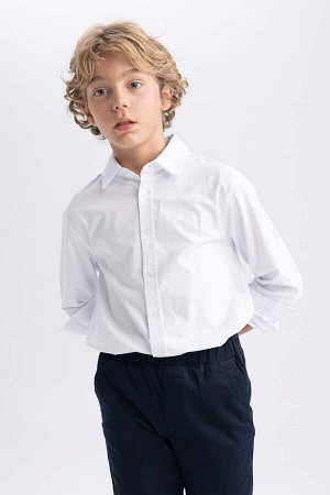 Белая льняная школьная рубашка с длинными рукавами для мальчика