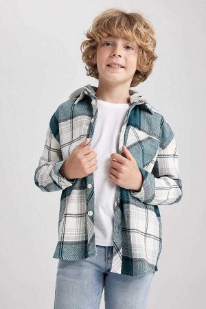 DEFACTO Фланелевая рубашка оверсайз с капюшоном и длинными рукавами для мальчика