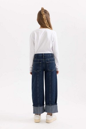 Широкие джинсовые брюки с отворотами для девочек