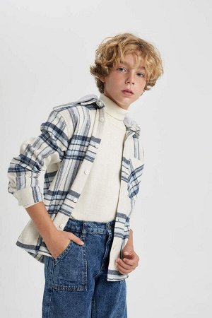 DEFACTO Фланелевая рубашка оверсайз с капюшоном и длинными рукавами для мальчика
