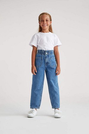 Джинсовые брюки с напуском для девочек, облегающие талию в бумажном пакете